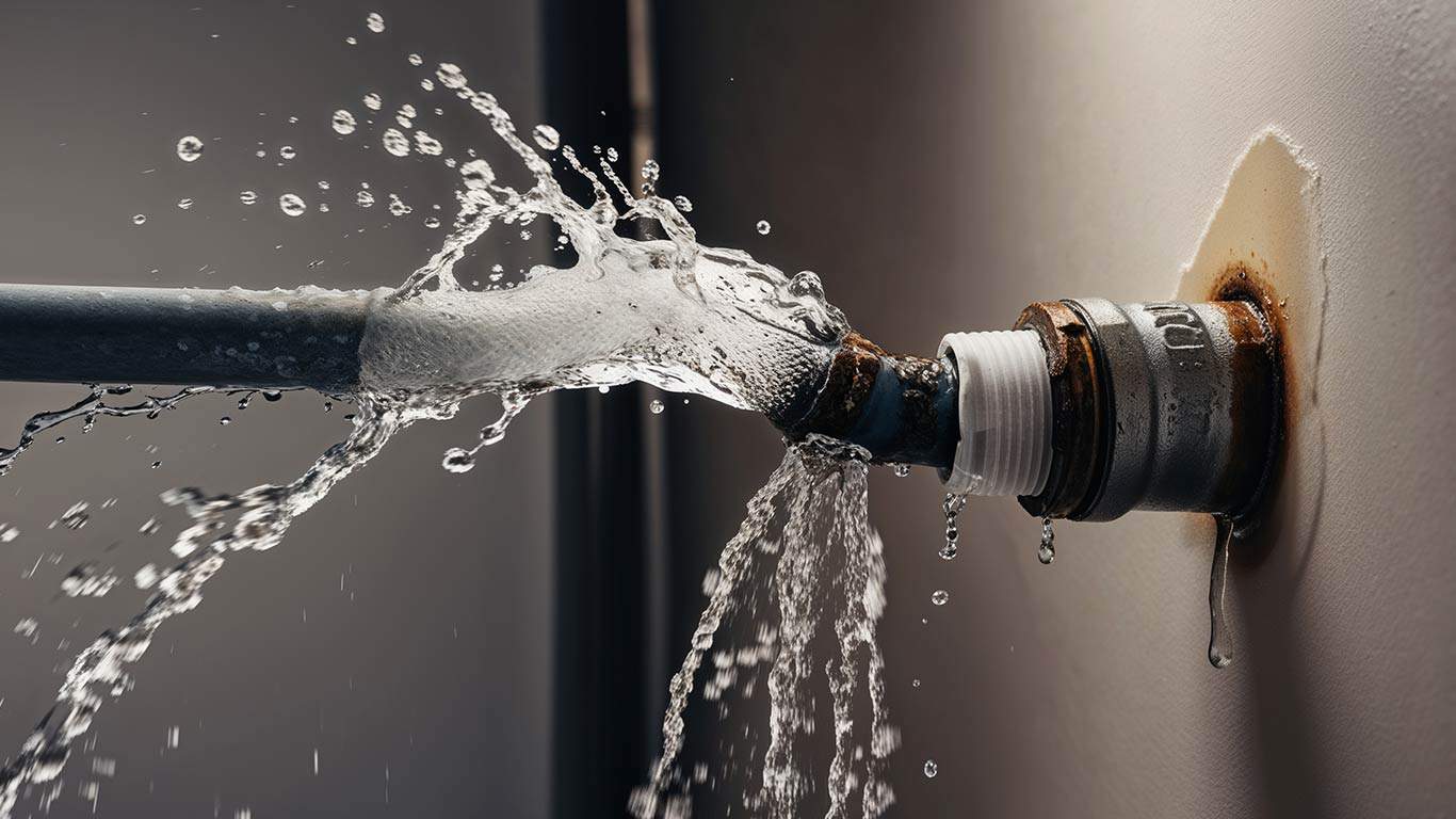 Close-up of a burst pipe leaking water in a home, emphasizing the need for emergency plumbing in Boerne, TX.