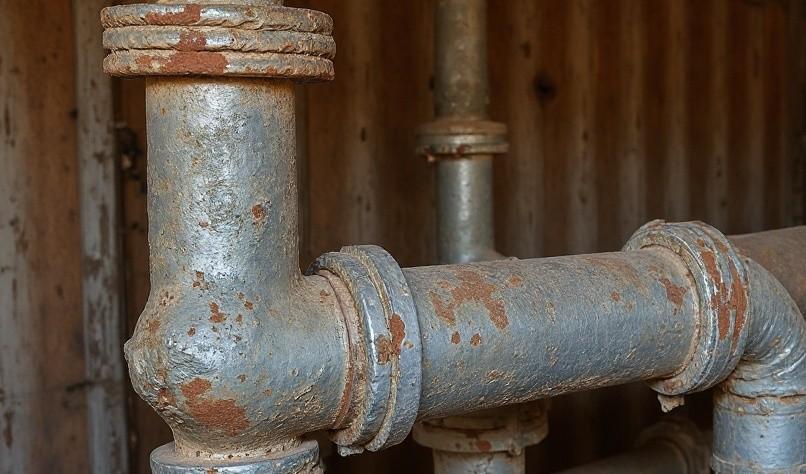 Aged galvanized plumbing pipes found in a historic Kendalia TX structure, showing mineral deposits and corrosion.