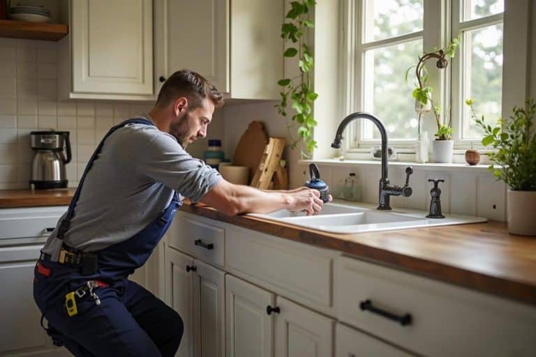 Local plumber repairing a drain line inside a Bandera, Texas home