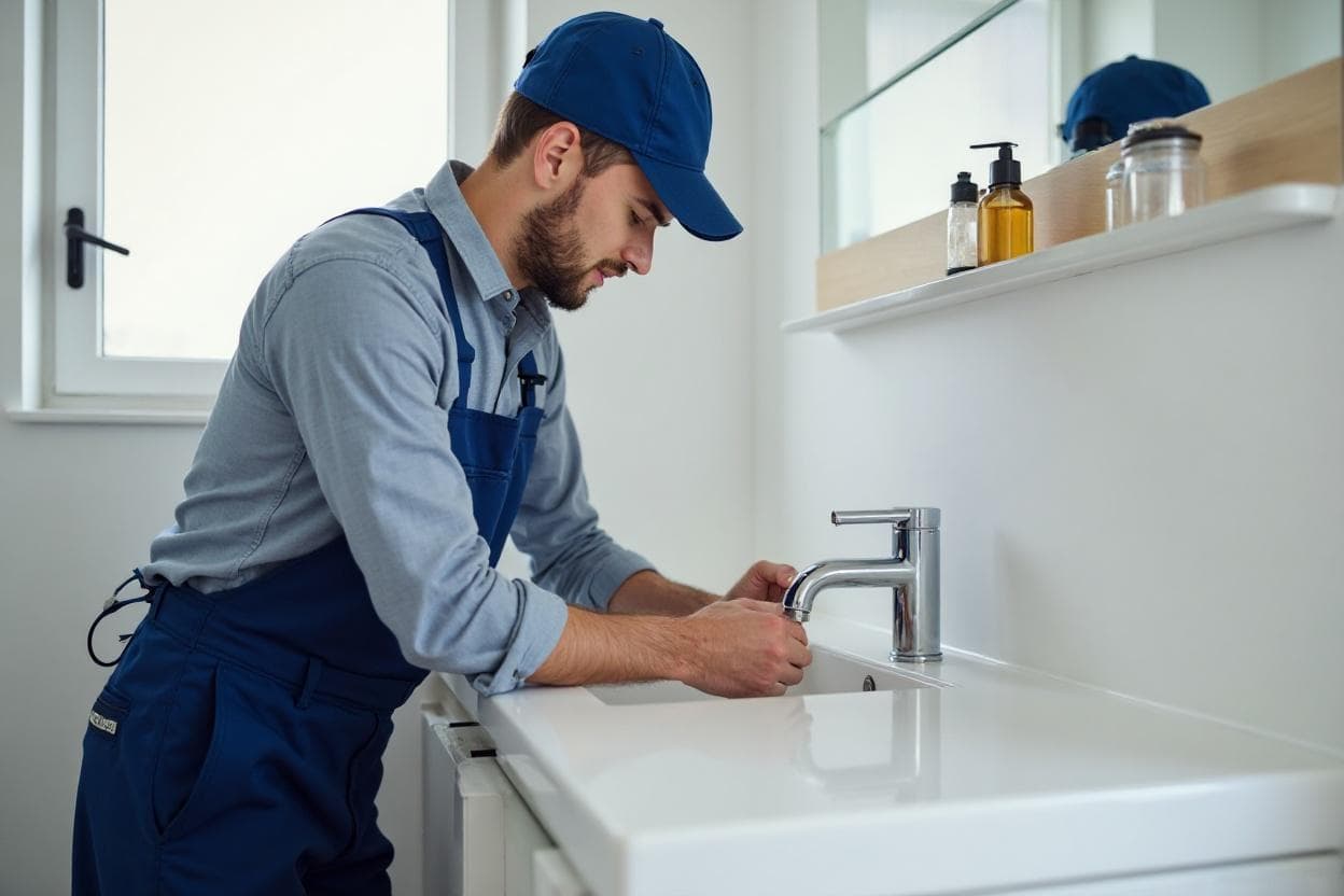 Licensed plumber fixing a bathroom faucet in a Kerrville, TX home
