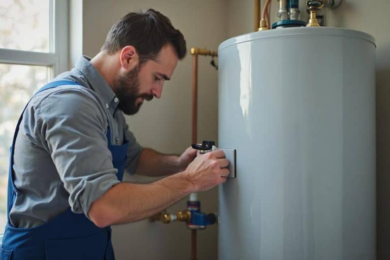 Licensed plumber repairing a water heater in a custom Hill Country home
