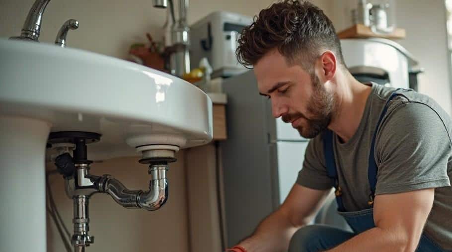Plumber inspecting under-sink plumbing system during routine maintenance