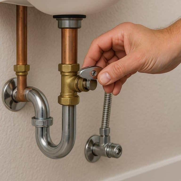 turning a brass water shutoff valve under a bathroom sink to ensure it moves freely for emergency water shutoff.