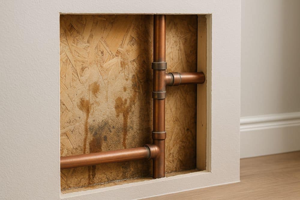 Detailed view of a home plumbing line with early moisture signs and subtle water damage indicators. The image shows a careful inspection setup used to locate hidden water leaks inside walls. Gottfried Plumbing provides reliable leak detection for homes in Boerne, TX, helping prevent structural damage and rising water bills with thorough troubleshooting.