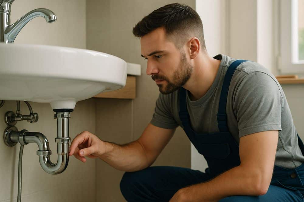 A technician examines plumbing connections under a bathroom sink to check for hidden water leaks. The image shows chrome pipes, joints, and fittings that may develop slow moisture seepage inside the cabinet area.