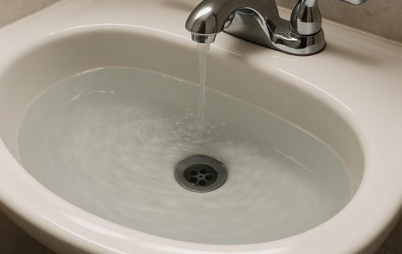 Slow draining bathroom sink with standing water that signals a deeper blockage in the plumbing system.