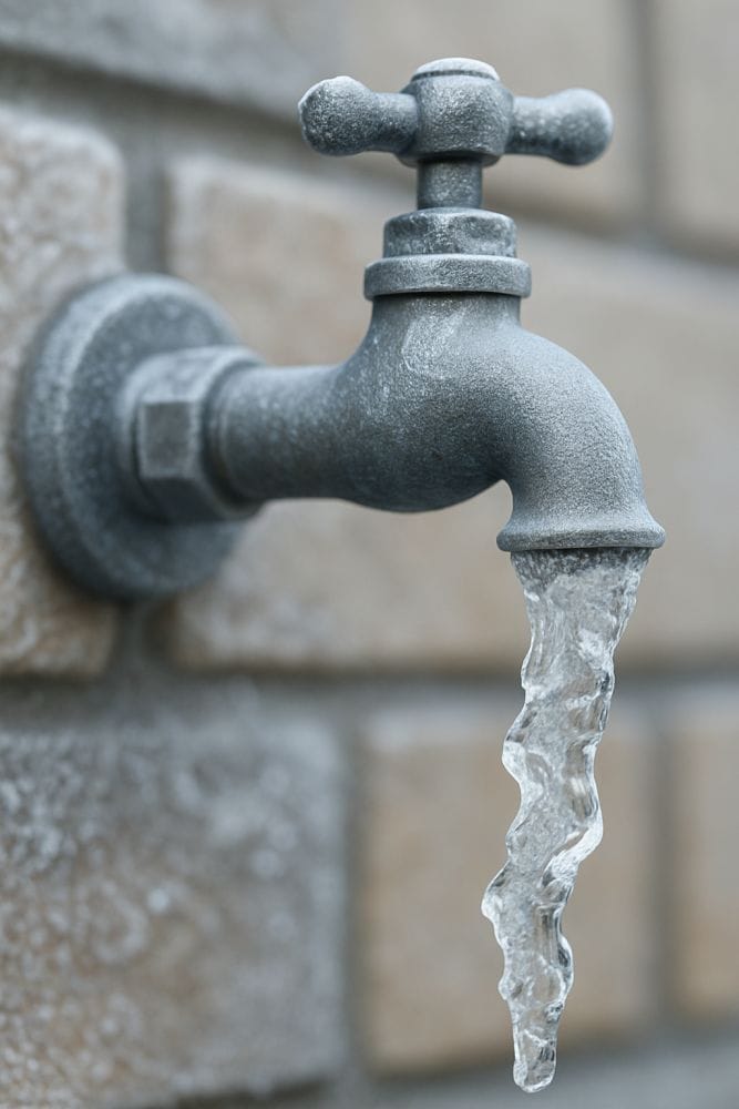 A metal outdoor faucet with water frozen mid-flow, showing how cold temperatures can cause exterior pipes to freeze.