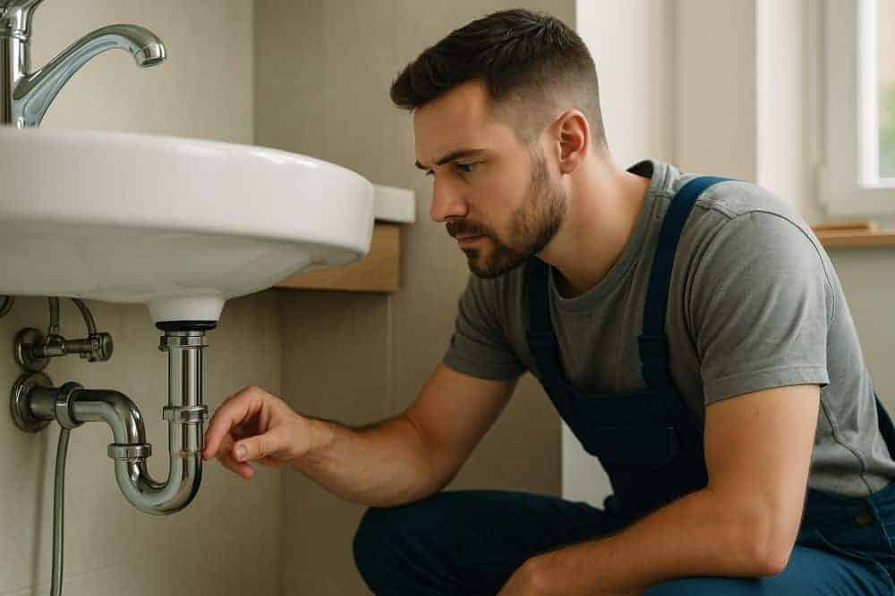 Plumber checking pipes under a bathroom sink for leaks during plumbing system evaluation in Boerne.