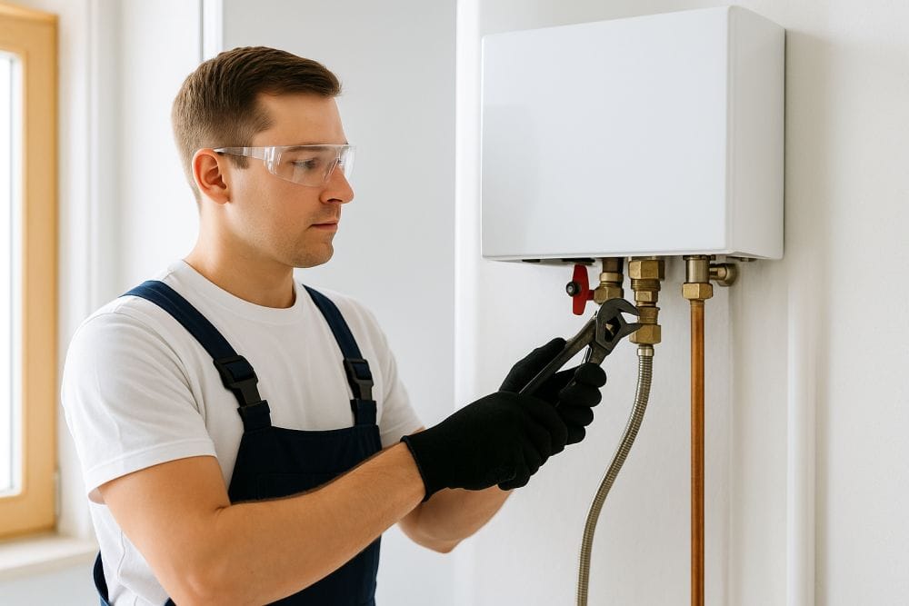 A plumber wearing safety glasses and gloves adjusts fittings beneath a wall-mounted water heater during a repair.