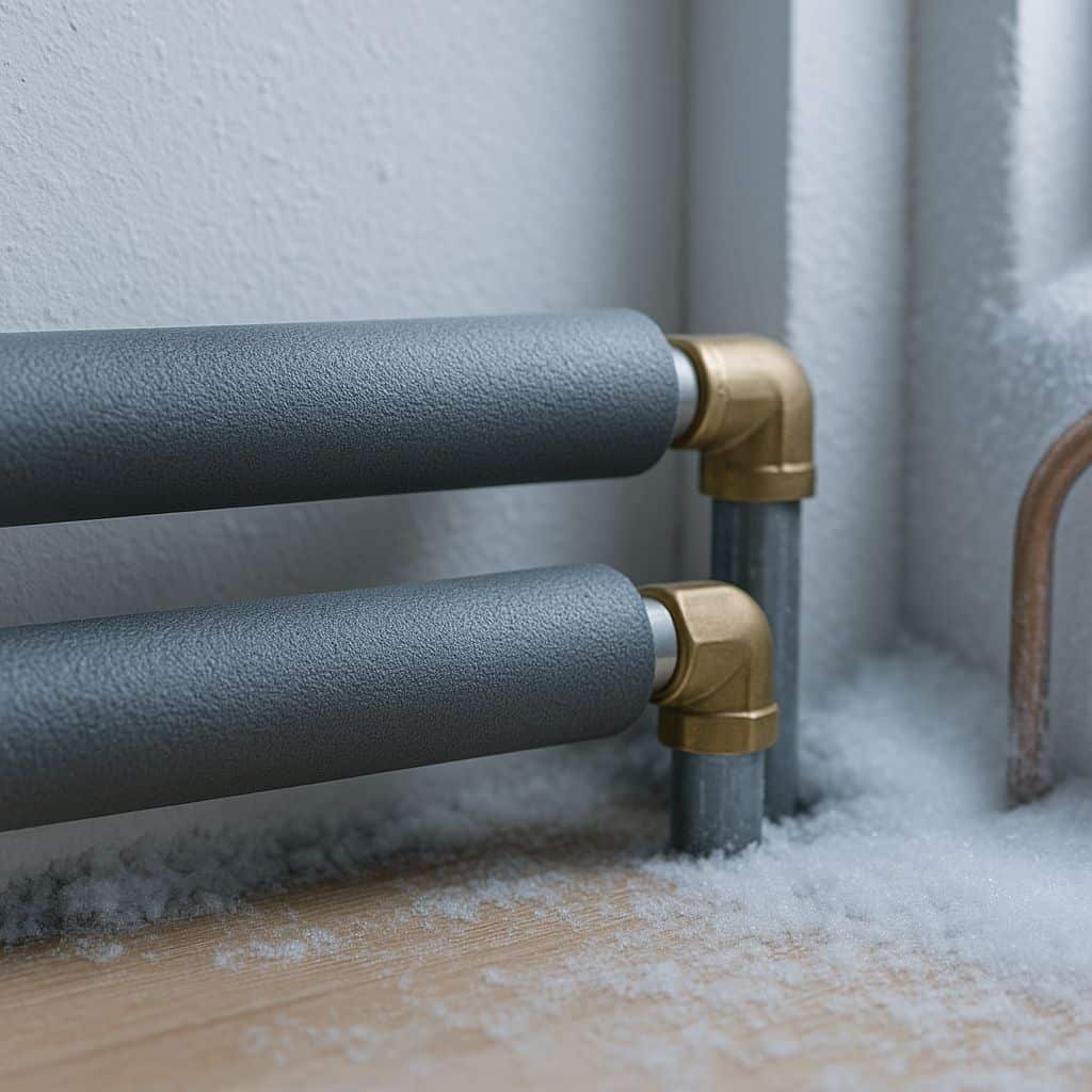 Insulated residential water pipes protected with foam sleeves to help prevent freezing during cold weather. The image shows a clean utility area with light frost nearby.