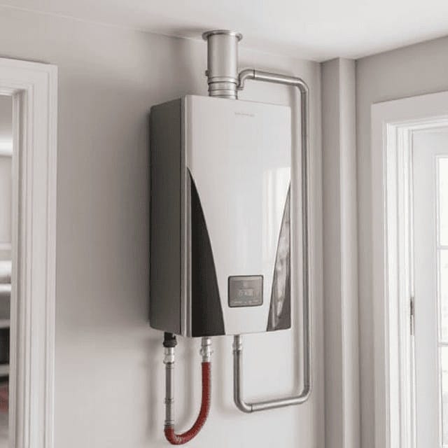Close view of a gas tankless water heater connected to water lines and venting in a home.