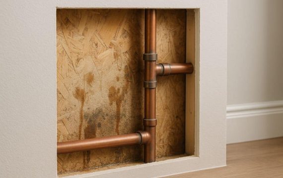 Water stain on a wall, indicating an early leak that needs a review before more damage spreads.