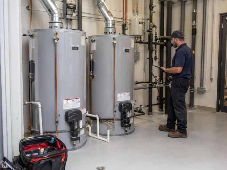 Plumber inspecting two commercial water heaters in a mechanical room in Boerne, TX.