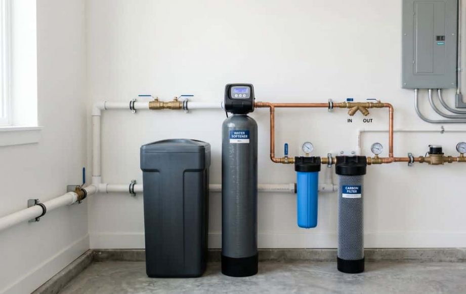 Professional water softener installation system with filtration units connected to residential plumbing in Boerne, TX.