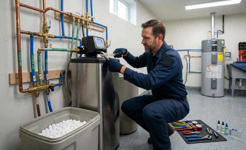Technician performing water softener replacement in Boerne TX for a residential plumbing system.
