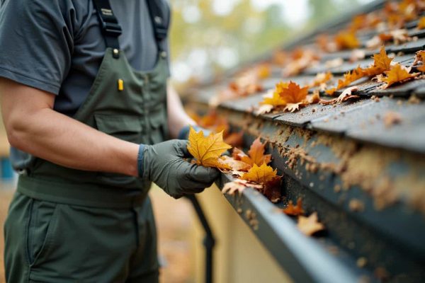 Removing leaves and debris from clogged gutters in Boerne Texas