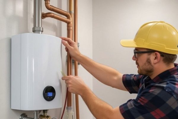 Plumber installing tankless water heater system