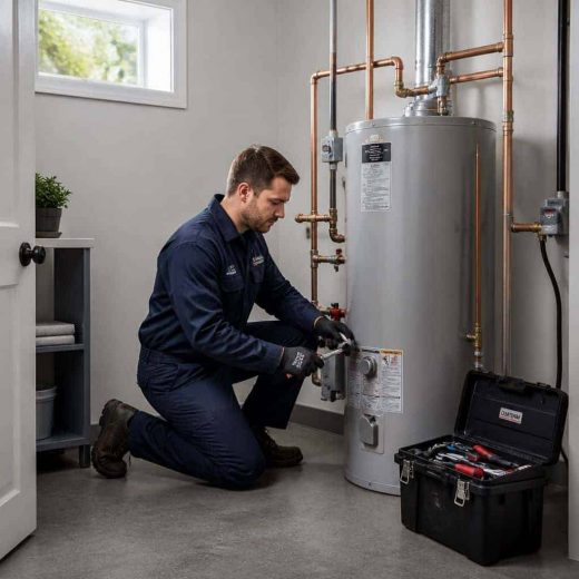 A technician in navy uniform kneeling and working on a residential water heater with copper pipes